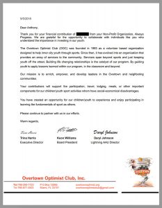 Overtown Optimist Club Charity Letter for Anthony Passero