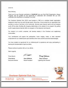 Overtown Optimist Club Charity Letter for Anthony Passero